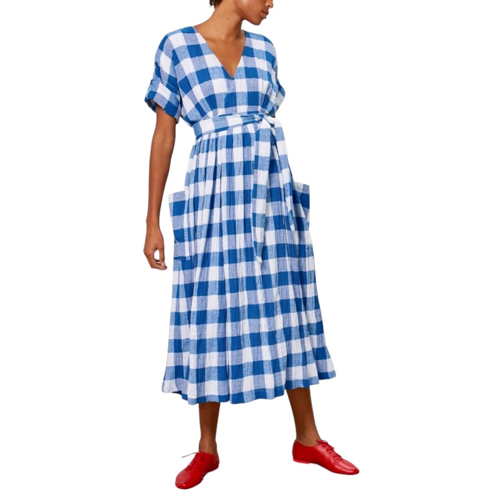 Mara Hoffman Blue Gingham Ingrid Wrap Midi Dress
